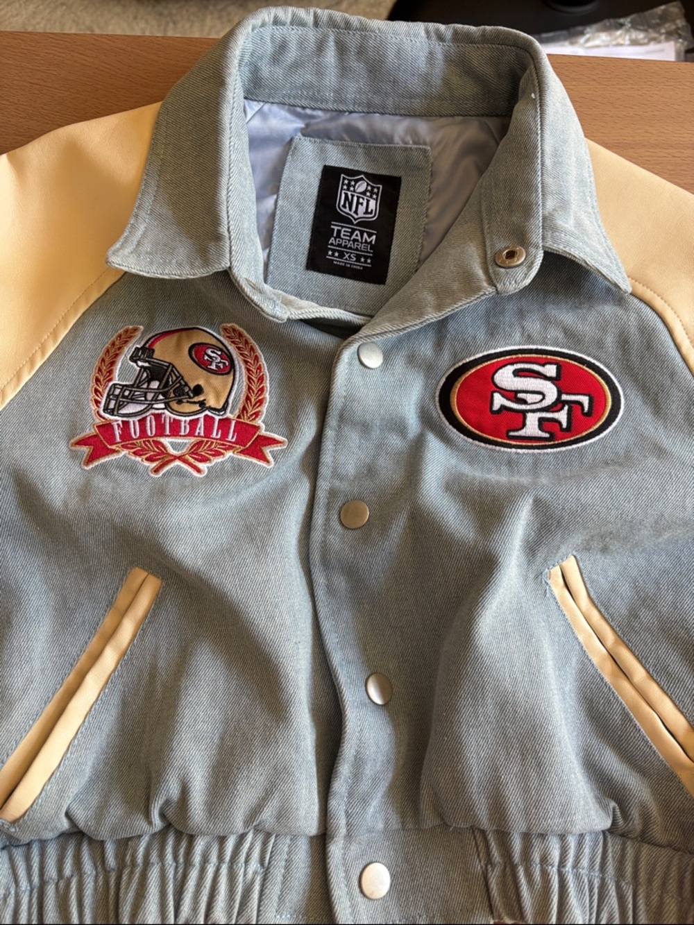 NFL 49ers Denim Leather San Francisco Bomber Varsity Jacket XS Womens Teen Girls